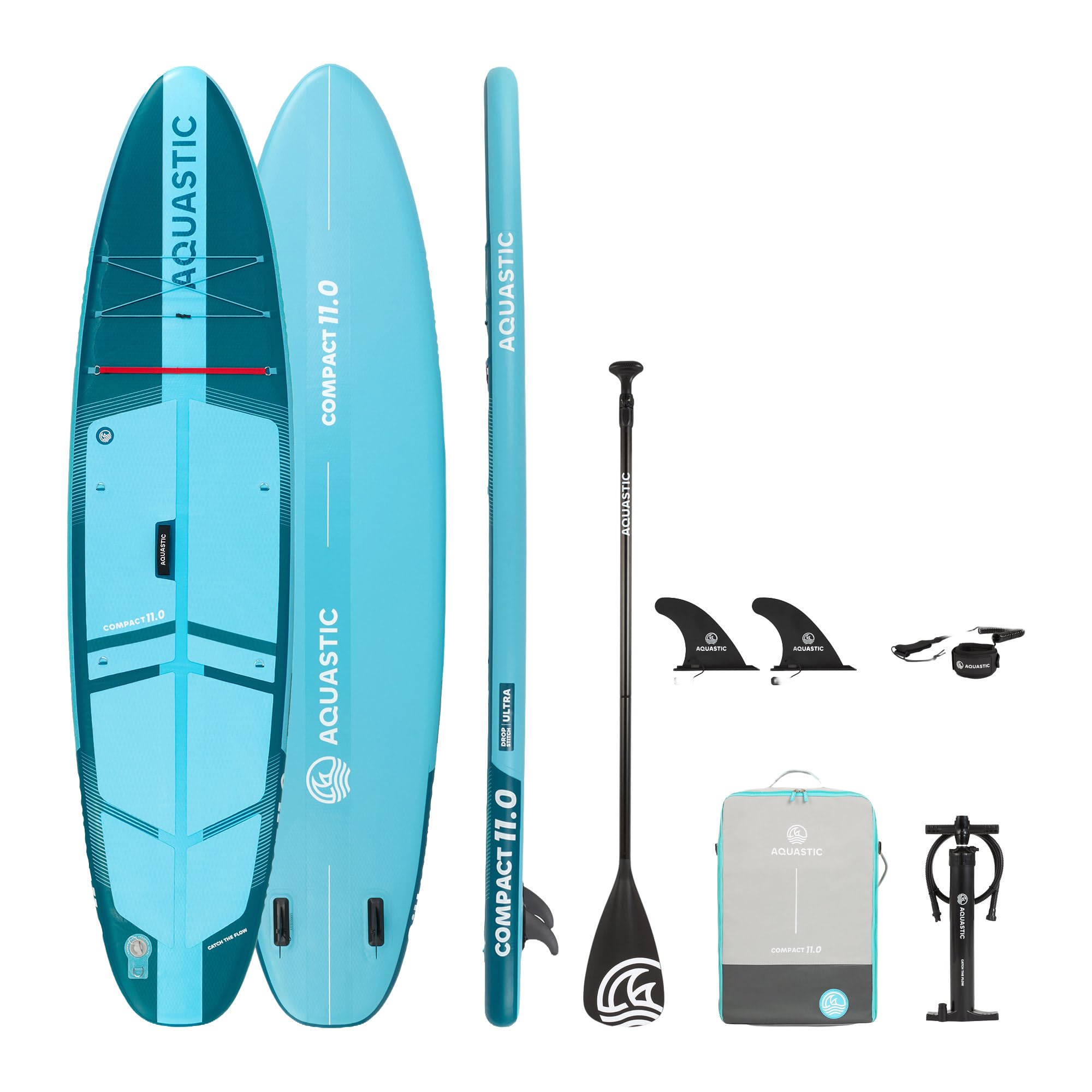 AQUASTIC Compact 11'0 SUP Board Set do wszechstronnego wiosłowania | 335 x 81 x 12 cm, do 100 kg, składane; w zestawie wiosło, pompka, plecak, smycz i 2 płetwy wsuwane