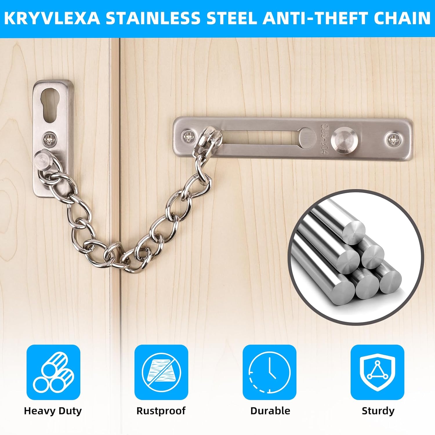 Heavy Duty Door Chain Lock - 304 Stainless Steel, Spring Loaded Pushbutton Latch, Child & Pet Proof, No-Drill Installation for Interior,Front,Hotel Doors (Brushed Silver)