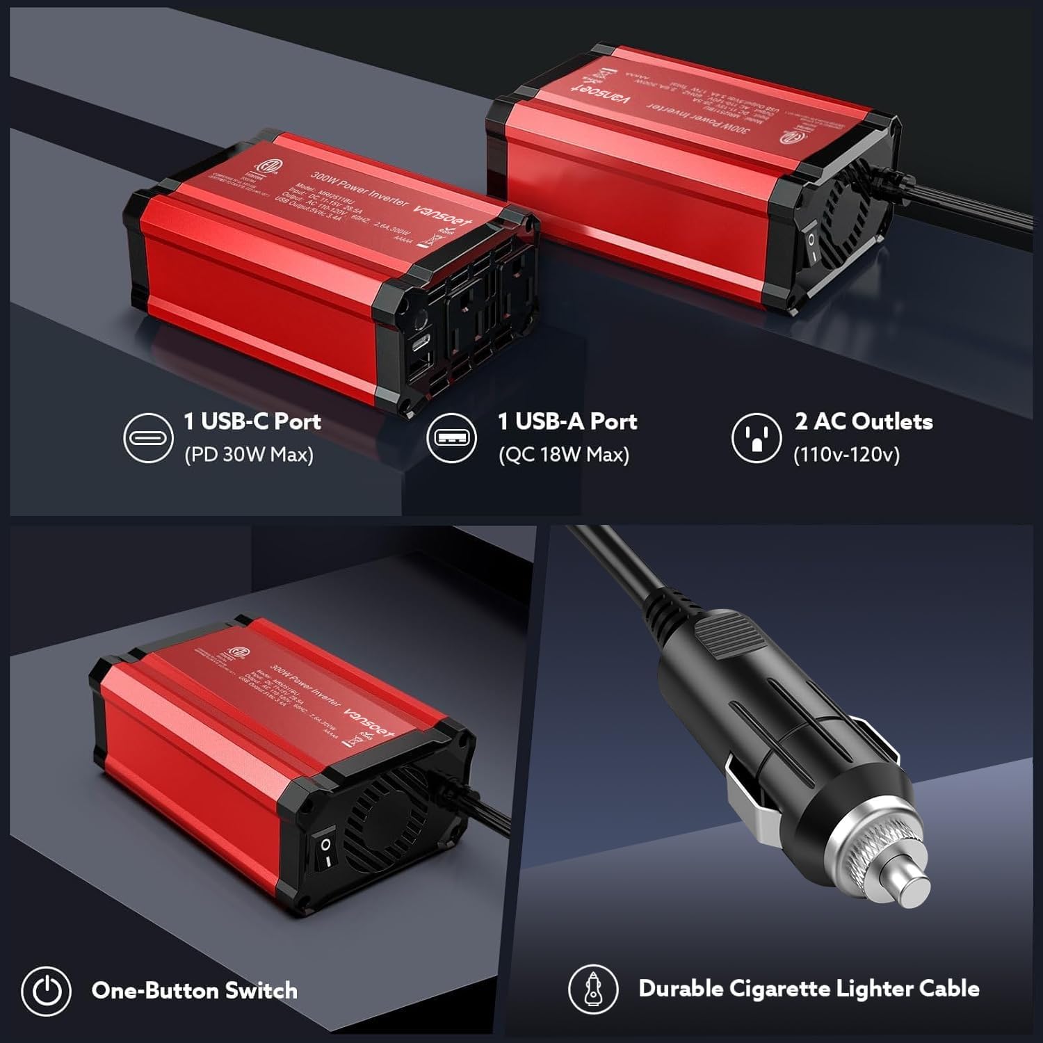 300w Power Inverter DC 12V to AC 110V - vansoet Car Plug Adapter Outlet with 3.4A Dual USB Fast Charging Port - Car Charger Cigarette Lighter Adapter for Phone, Laptop on Road Trip (Red-30)