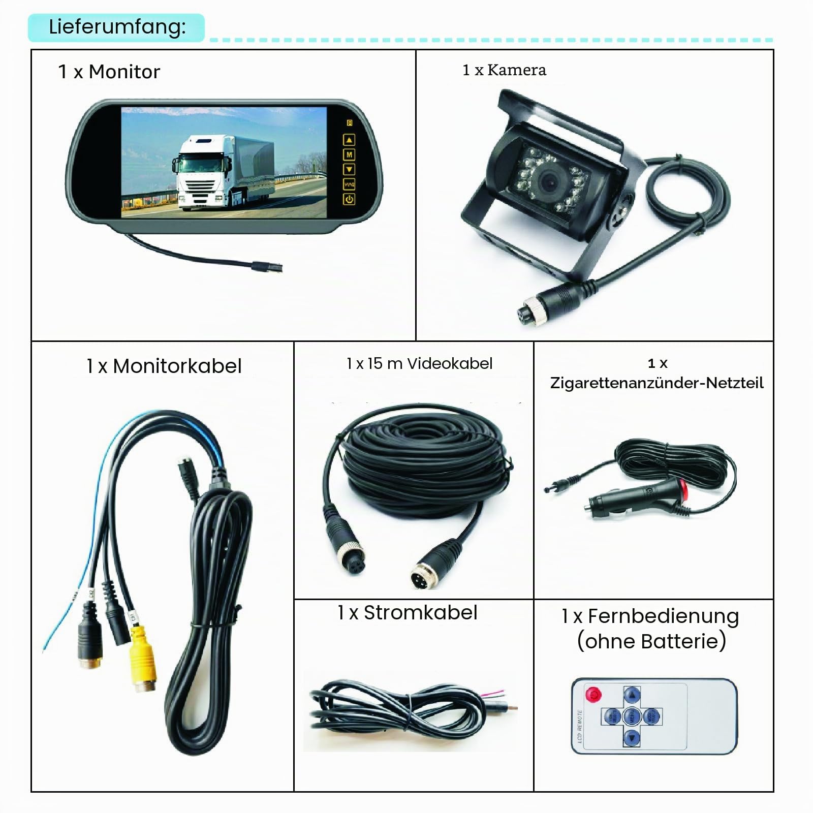 17,8cm Rückspiegel-Monitor LKW Wohnwagen mit Nachtsicht Rückfahrkamera | 12V-24V 7 Zoll LCD HD Farbmonitor，Anhänger Wohnmobil 4-polig robuste 18LEDs wasserdicht Backup Kamera mit 10m Luftfahrt Kabel