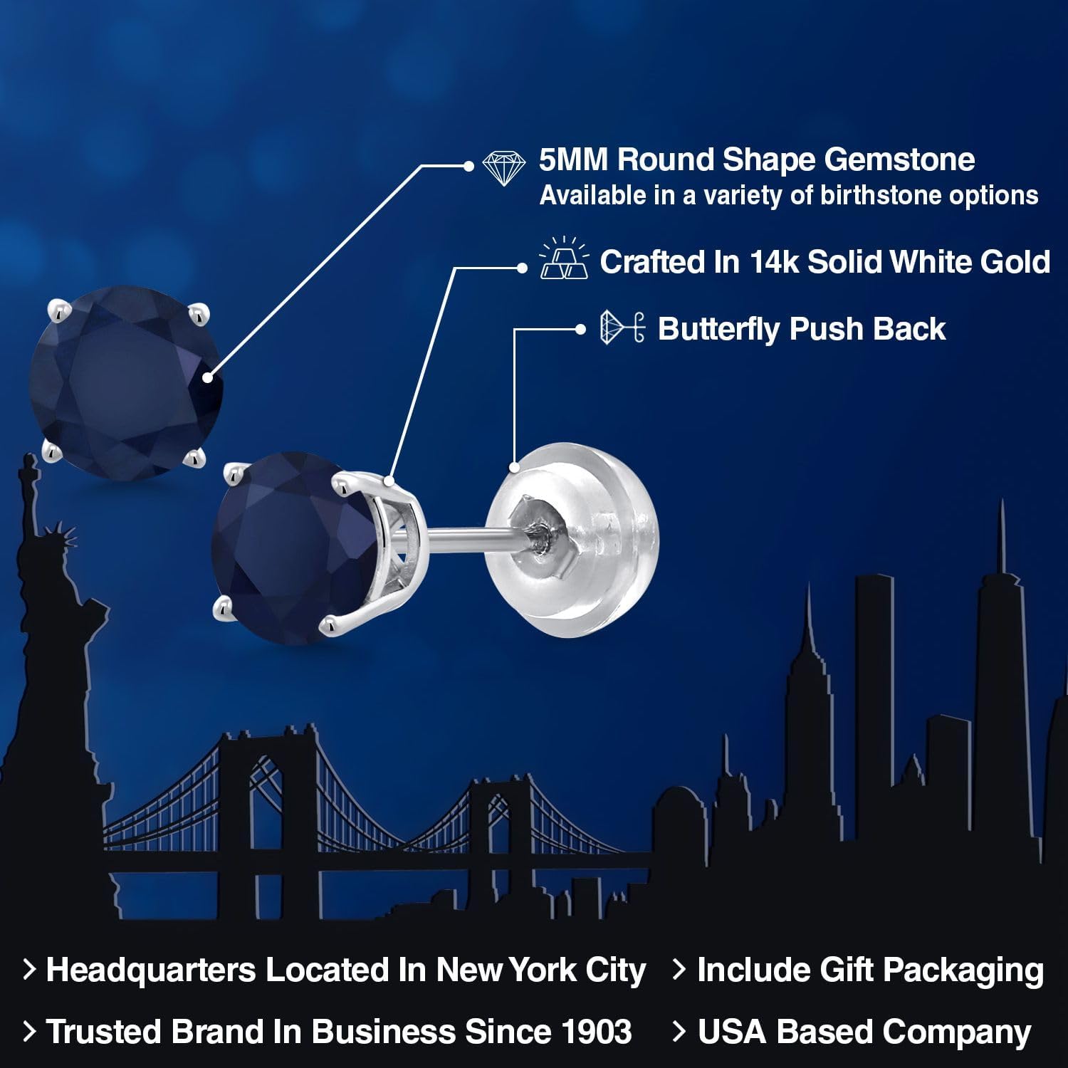 Gem Stone King 1.20 Cttw Round 5MM Blue Sapphire 14K White Gold Stud Earrings