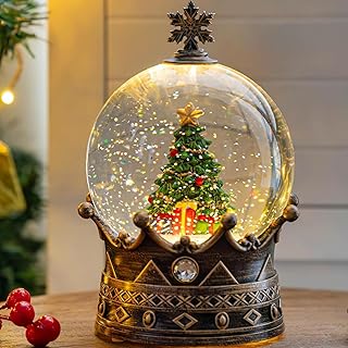 Christmas Snow Globe Lantern Water Glittering Christmas Tree Crown with Music, USB Lined/Battery Operated Lighted Lantern for Christmas Festival Decoration Gifts
