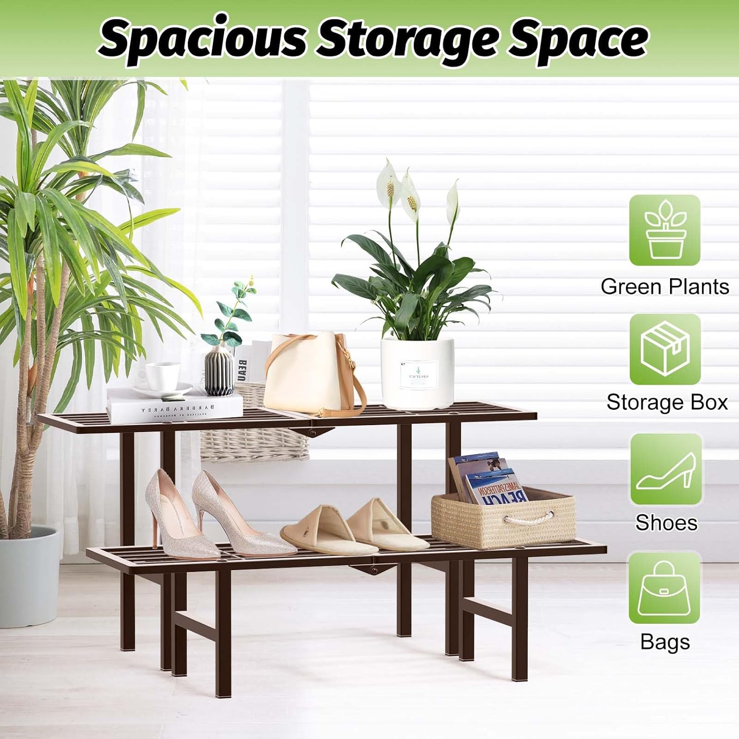 2 Tier Plant Stand Indoor Outdoor, Foldable Metal Separated Ladder Plant Stands, Plant Shelf Multiple Flower Pot Holder Display Shelving for Garden Living Room Patio,Brown