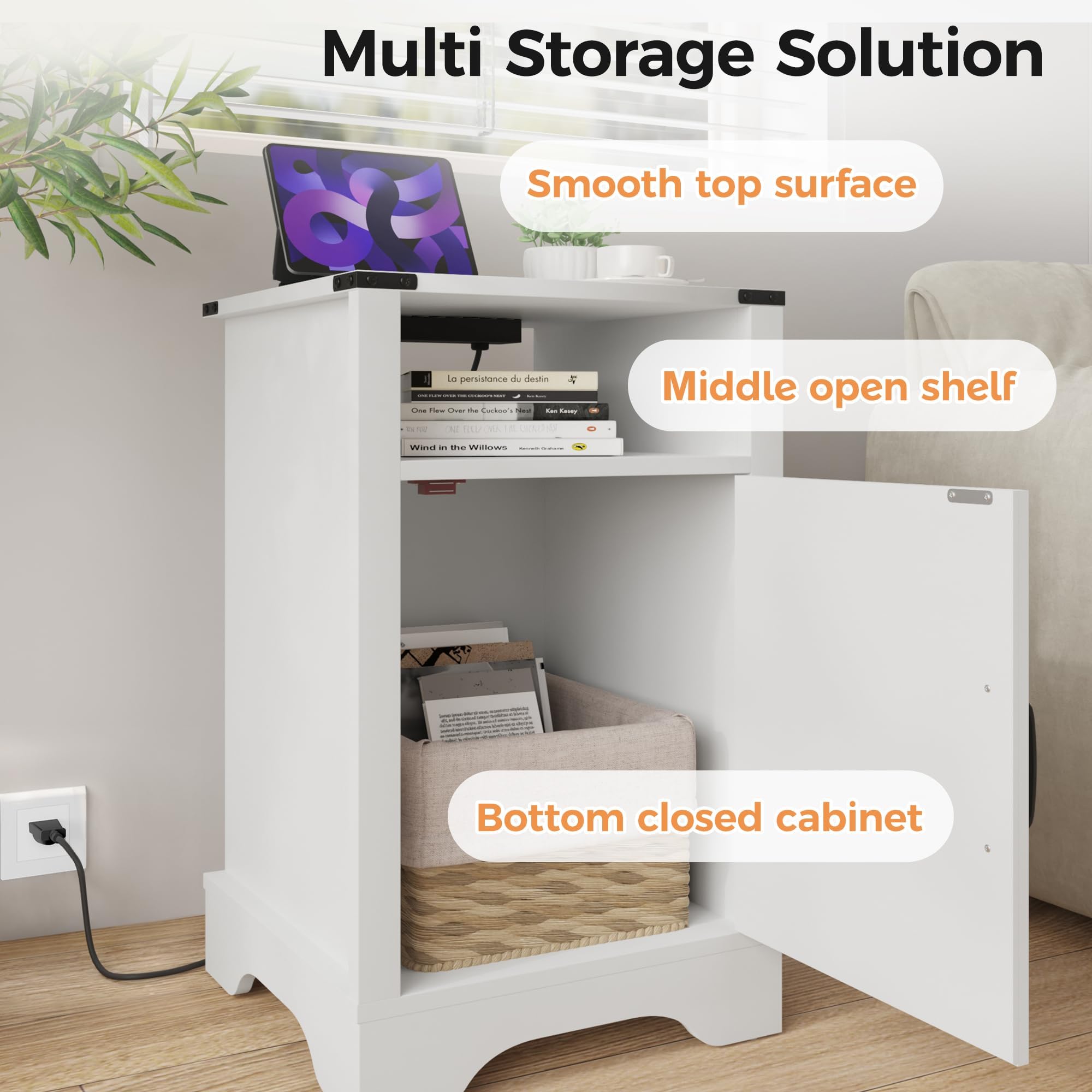 RoyalCraft Comodino alto con stazione di ricarica, tavolino bianco con contenitore, grande comodino rustico in legno per camera da letto, casa ufficio