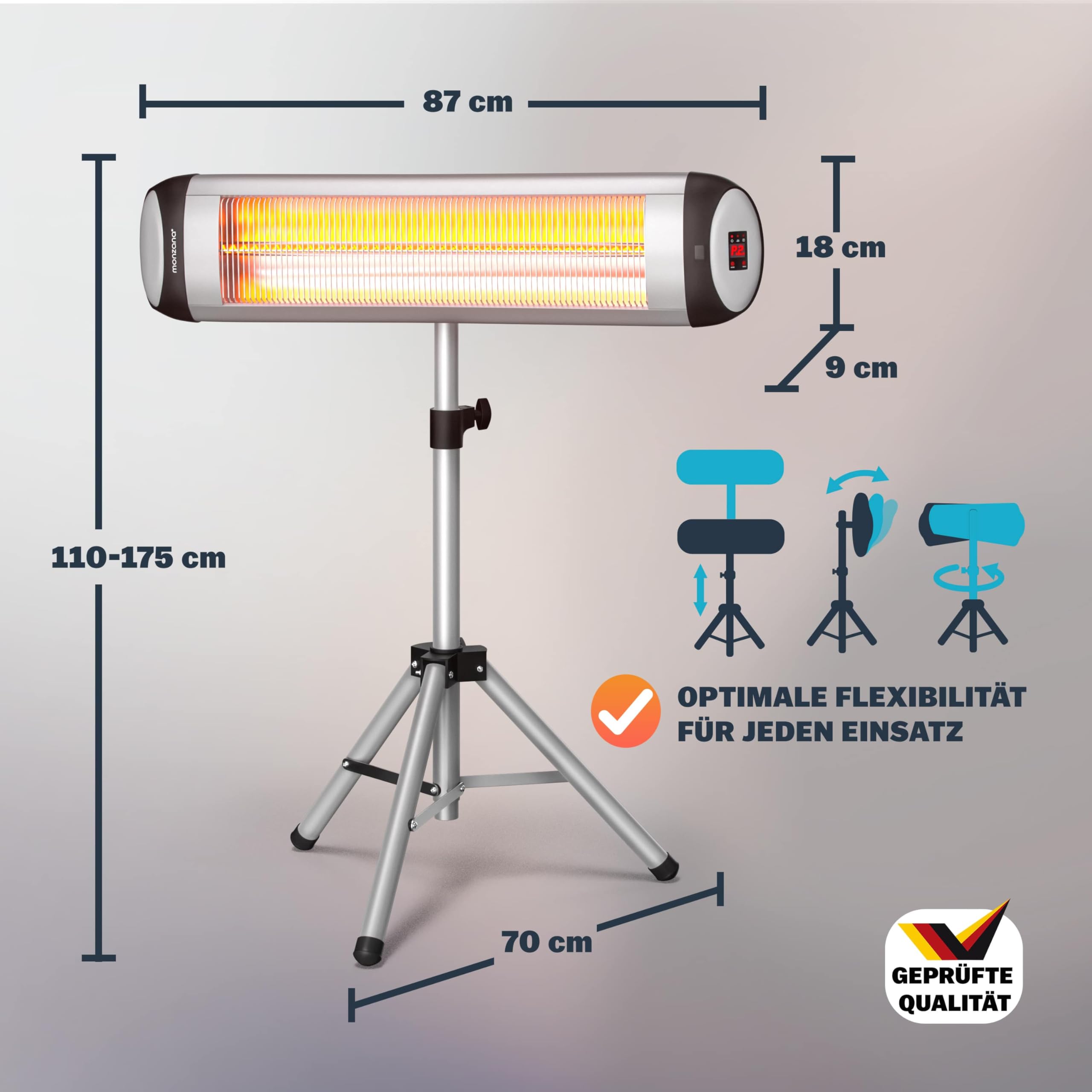 MONZANA® Infrarot Heizstrahler MZH2500 Stativ 110-175cm 2500W 3 Stufen 24h Timer Fernbedienung Wärmestrahler Standheizer Teleskopständer Silber