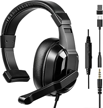 One Ear Gaming Headset with Mic 3.5mm - Single Ear Headphone with To-shiba Speaker, Protein Earpads Braided Cable for PS5/PS4/Xbox/Switch/PC/iPad/Tablet/Remote Work/Office- with USB-C/USB-A Adapter
