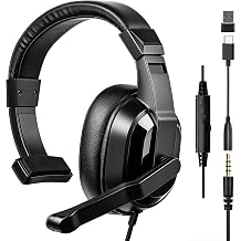 One Ear Gaming Headset with Mic 3.5mm - Single Ear Headphone with To-shiba Speaker, Protein Earpads Braided Cable for PS5/PS4/Xbox/Switch/PC/iPad/Tablet/Remote Work/Office- with USB-C/USB-A Adapter