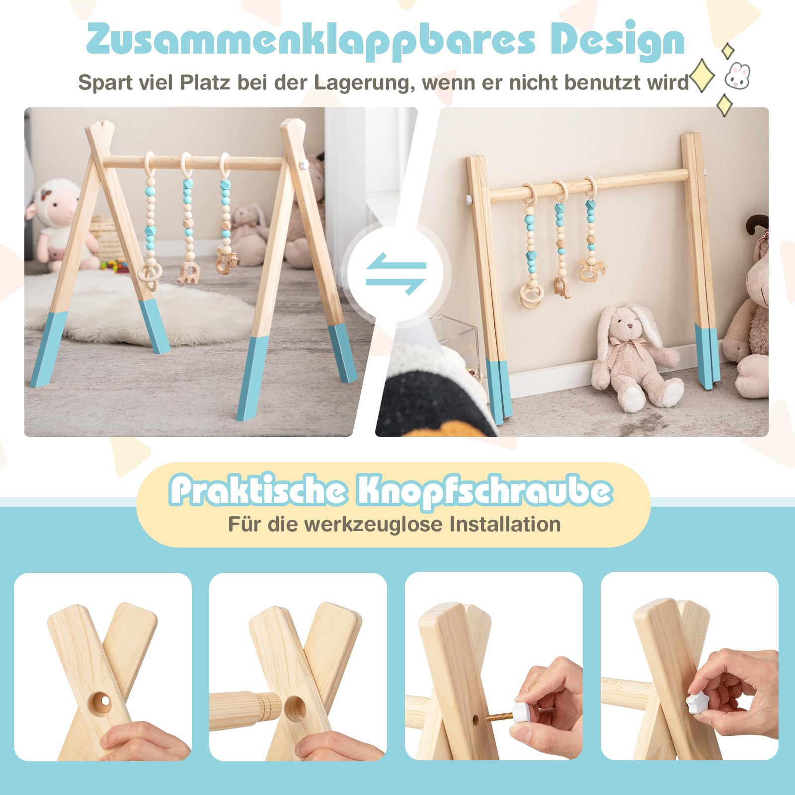 COSTWAY Baby Spielbogen Holz, Spieltrapez klappbar, Baby Gym mit 3 abnehmbaren Kinderspielzeugen, Spieltrapez für Babys über 3 Monate, Holzspielzeug zur Gehirnentwicklung (Grün)