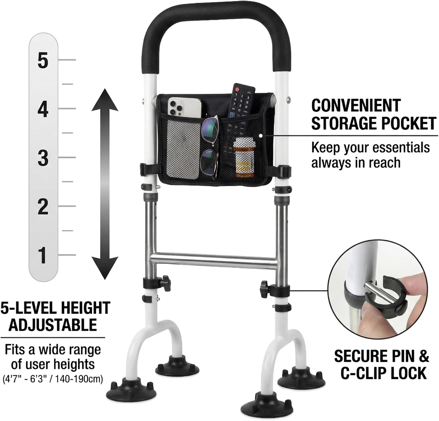 Stand Assist Aid for Elderly Seniors and Limited Mobility, Sit to Stand Support, Fall Prevention, 5 Adjustable Height Levels, Oversized Non-Slip Feet, Storage Pouch, for Chair Couch and Toilet