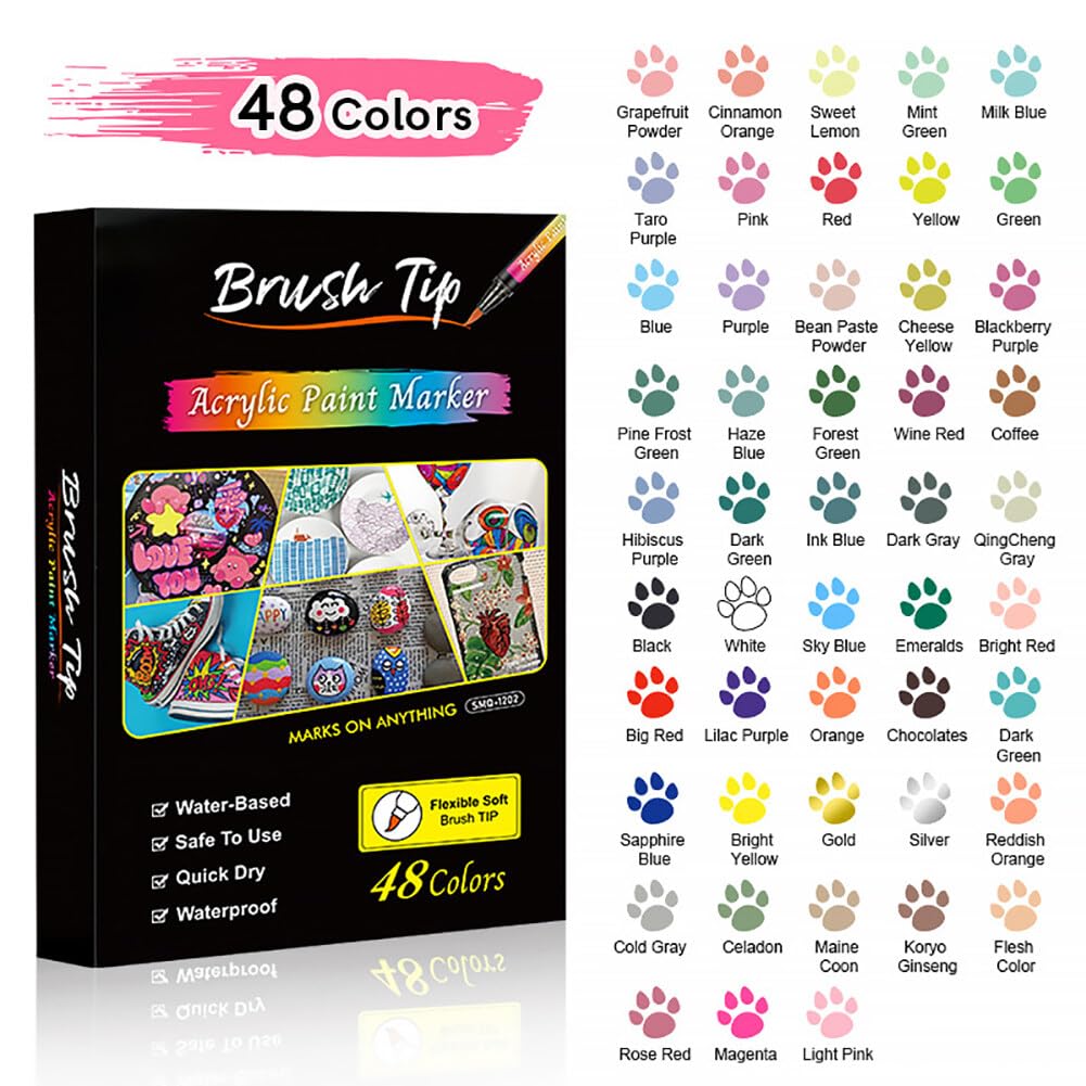 48 Couleurs Marqueurs Acrylique, Marqueur Pointe Extra-Fine, Marqueur Peinture À Base D'Eau Séchage rapide, pour toile, plastique, métal, bois et pierre, Stylo à ongles pour animaux de compagnie