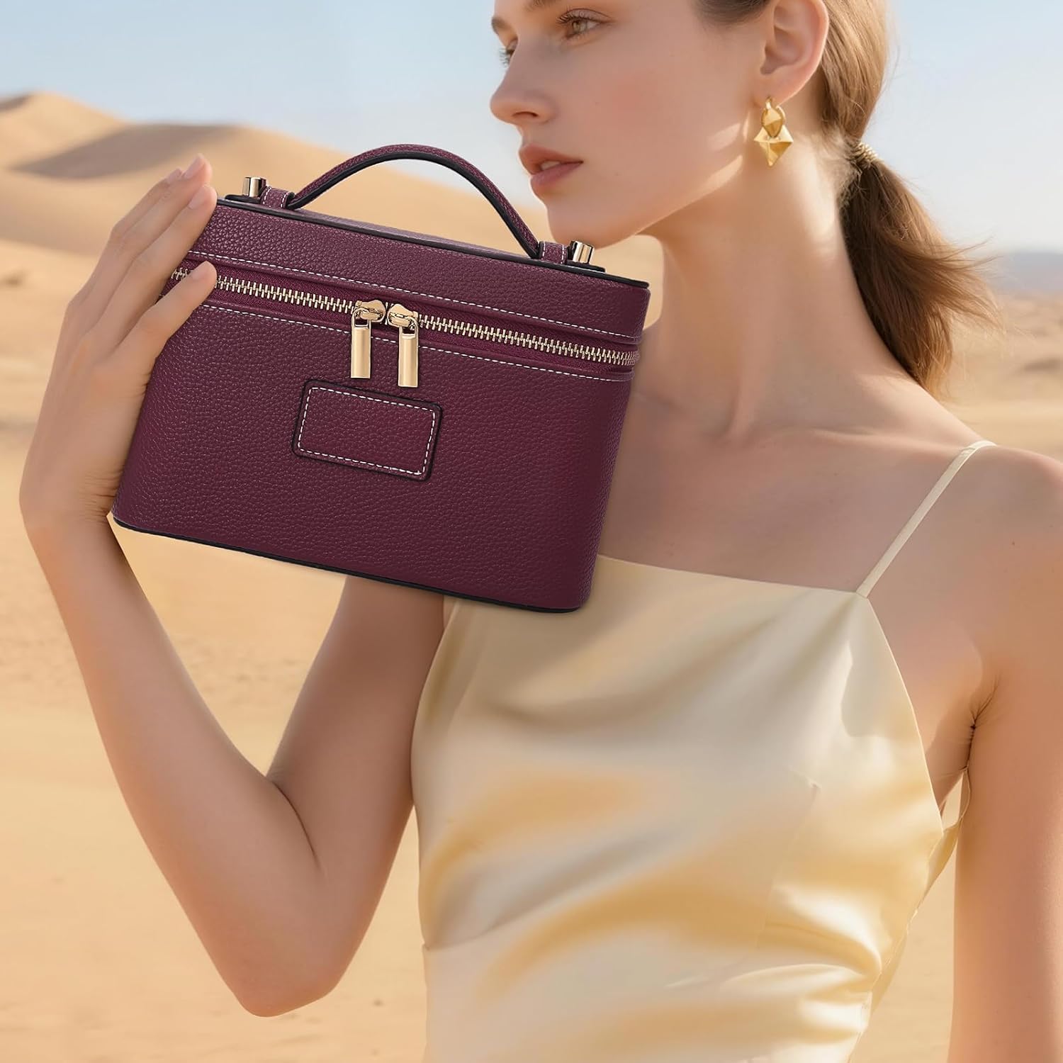 Starnearby Neceser de mujer de piel sintética, bolsa de cosméticos de viaje, neceser de maquillaje para mujer con divisor extraíble, bolsa de aseo, neceser cosmético de viaje, burdeos, 21,5 x 12,5 x