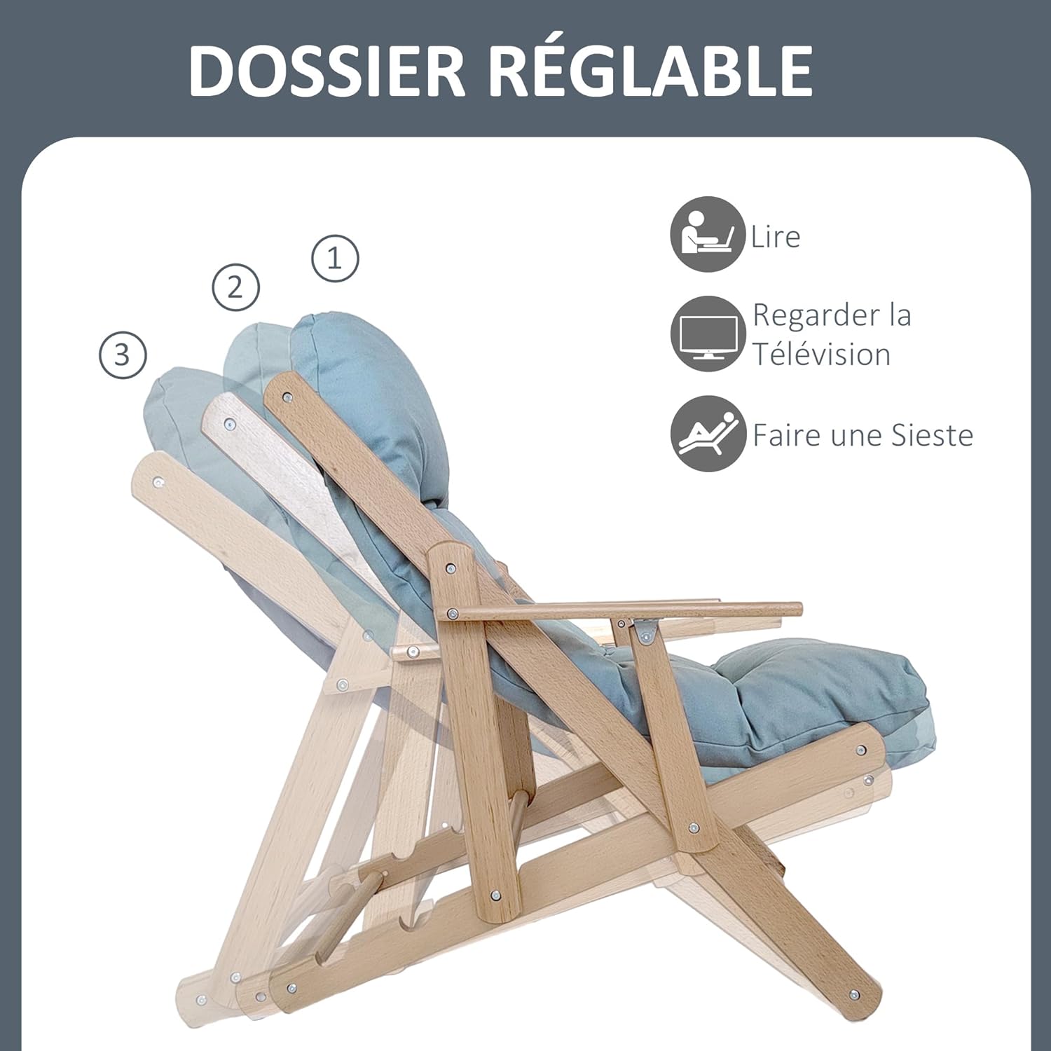 Diagram showing 3 adjustable backrest positions