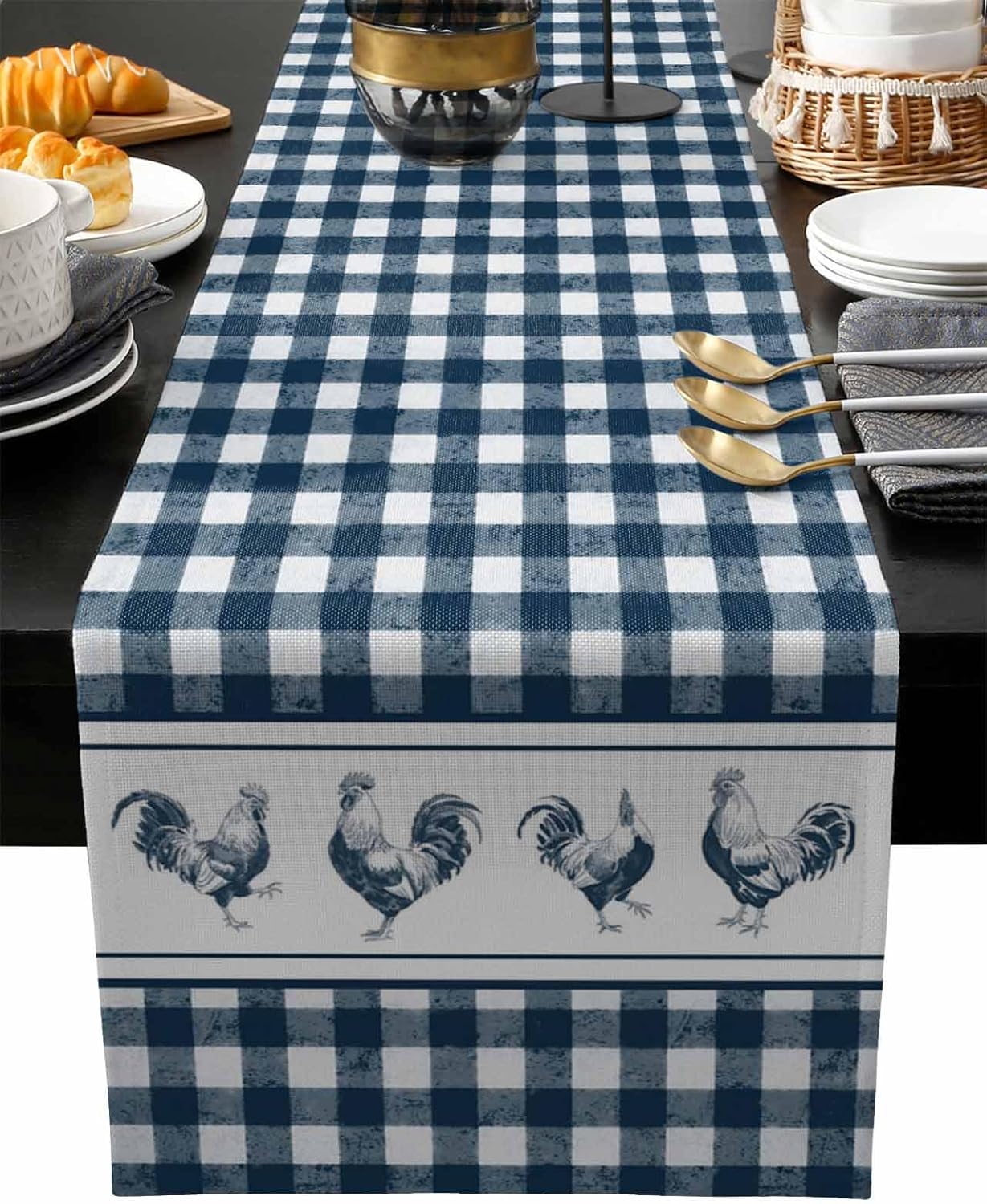 Farmhouse Rooster Table Runner - 72 Inch Long Rustic Farm Animals Blue White Plaid Cotton and Linen Blended Dress Scarves Farmhouse Table Runner for Kitchen Dining, Coffee Table, 18" x 72"
