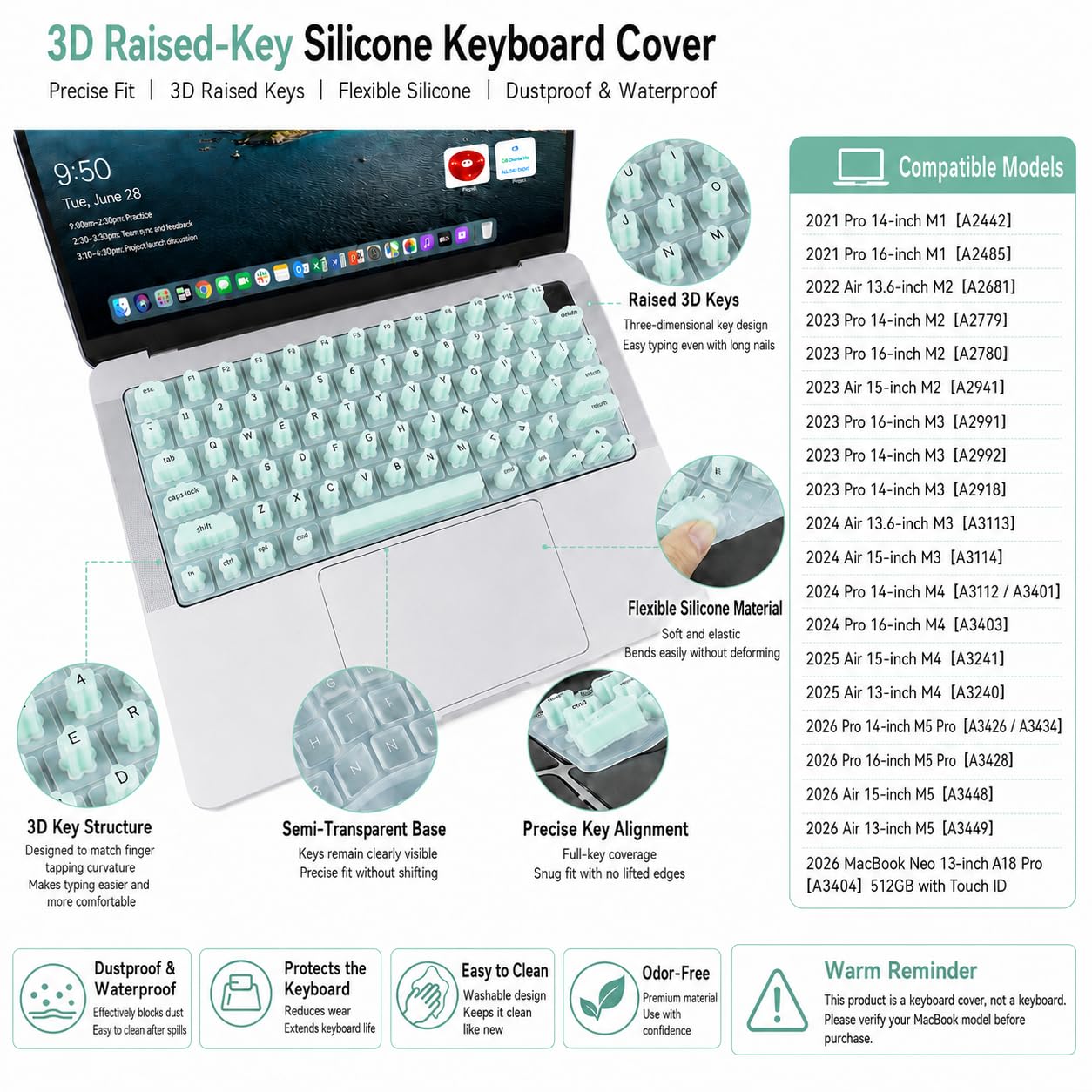 Tappi copritastiera per unghie lunghe in acrilico, copritasti rialzati in silicone per MacBook Pro/Air 13"/14"/16" 2020-2025, digitazione e protezione lunghi adatti alle unghie, ultra sottili (verde)