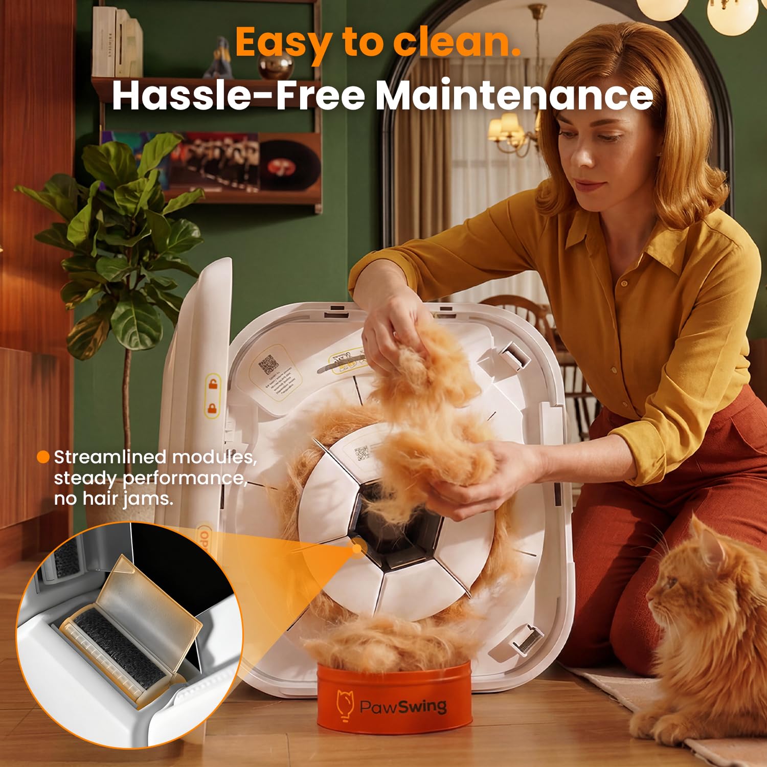 Cepillo automático para gatos de 360°, respetuoso con la piel, con cerdas rodantes, autolimpieza, colector de pelo para control de desprendimiento y bolas de pelo, casa de peluquería inteligente para