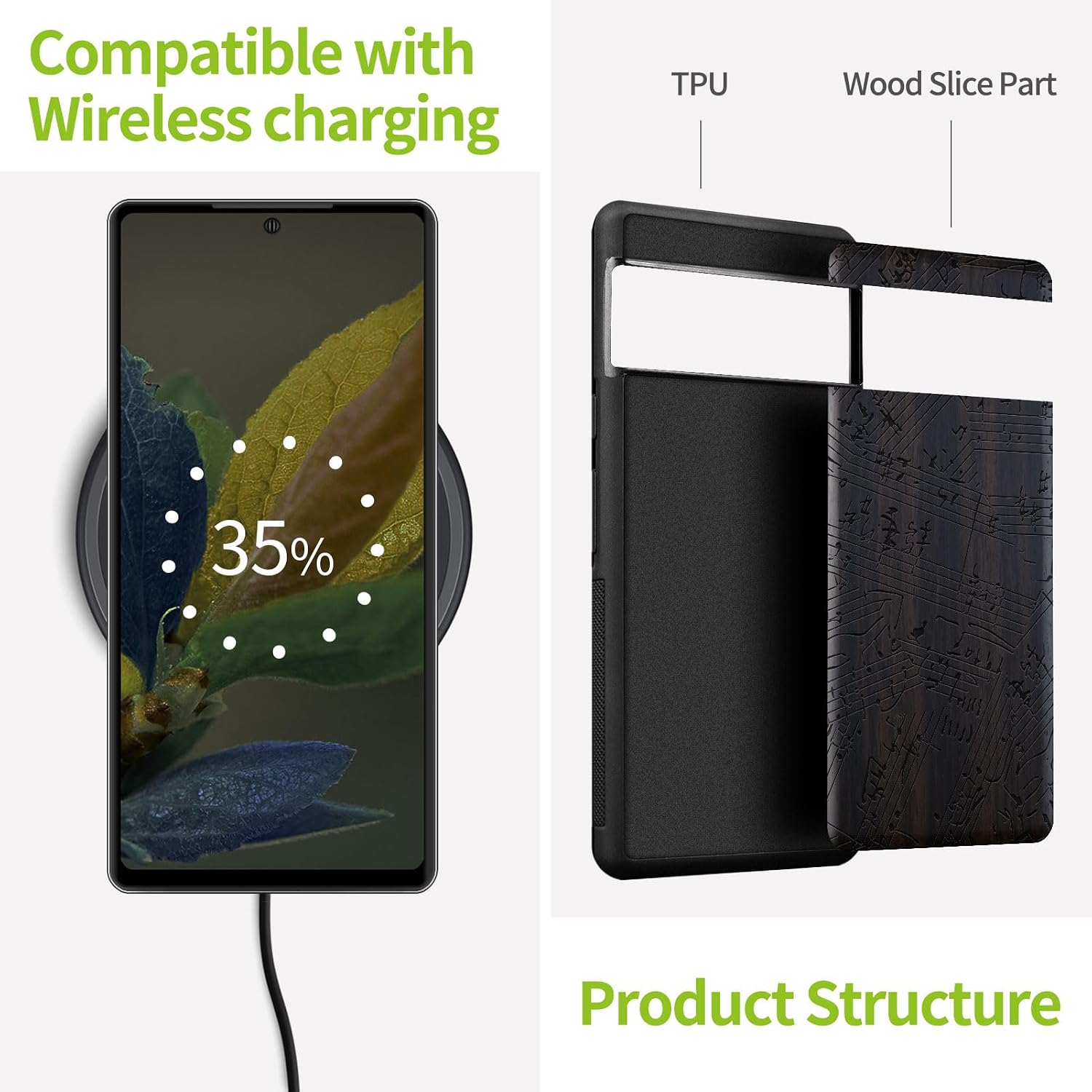 Carveit Wood Case for Pixel 8 Case [Natural Wood & Black Soft TPU] Shockproof Protective Unique Wooden Cover Compatible with Google Pixel 8 (A Symphony of Musical Notes-Blackwood)
