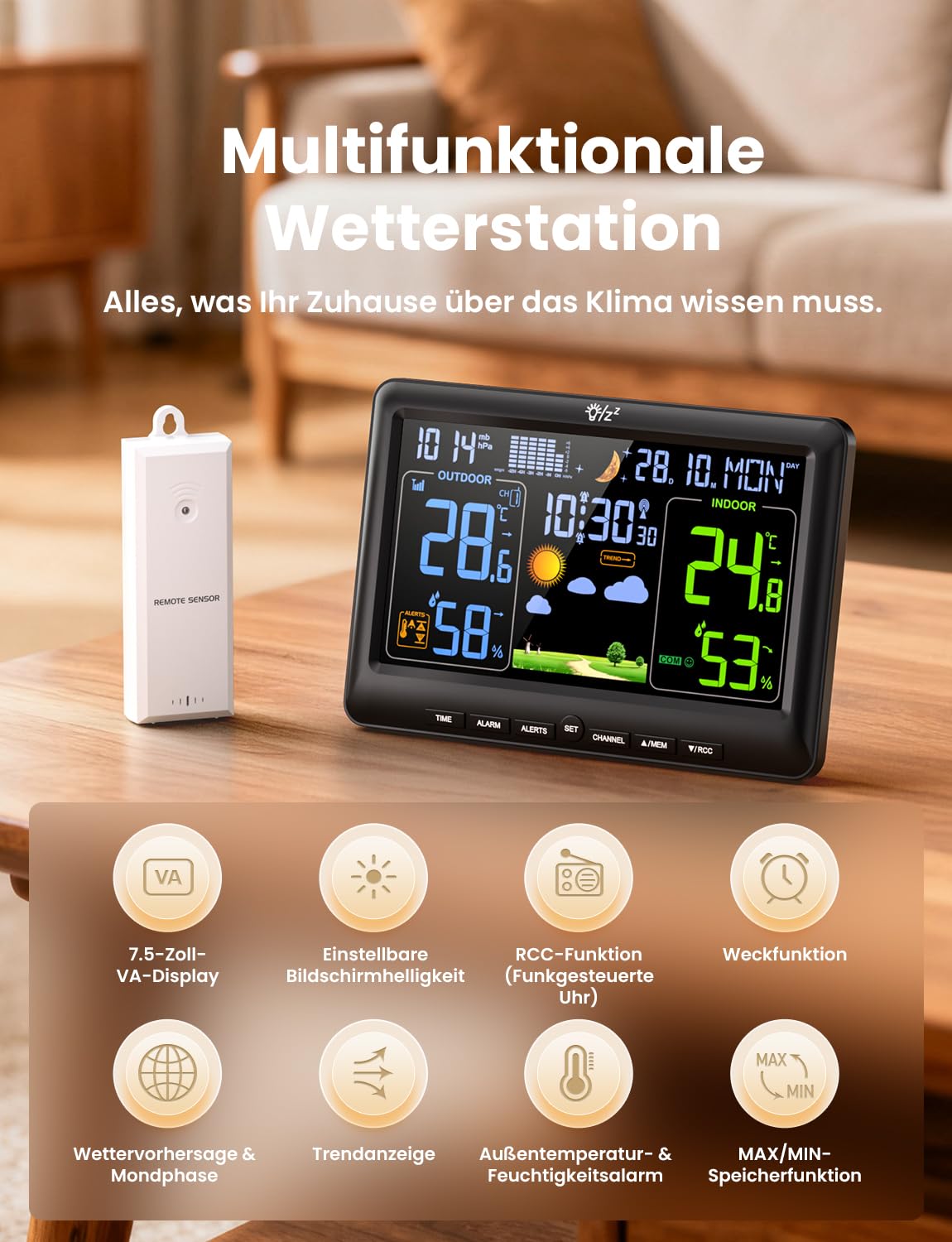 LIORQUE Wetterstation Funk mit 1 Außensensor Innen und Außen Funkwetterstation Digital Thermometer Hygrometer mit Wettervorhersage DCF-Funkuhr Weather Station für Zuhause Büro Hausgarten