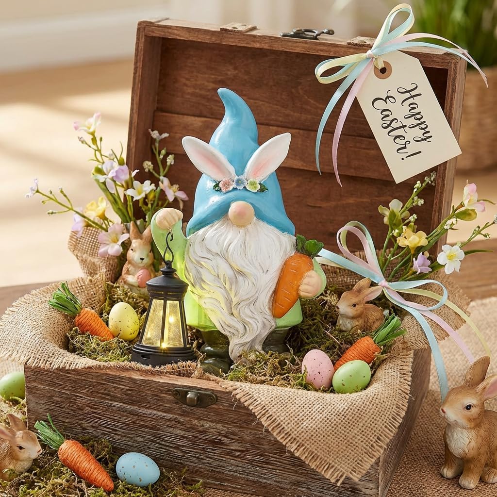 TERESA'S COLLECTIONS Easter Bunny Gnome Decorations with Solar Outdoor Light for Garden Decor, Spring Resin for Outside, Decorations for Patio Home Yard, Ideal Easter Gifts 8"