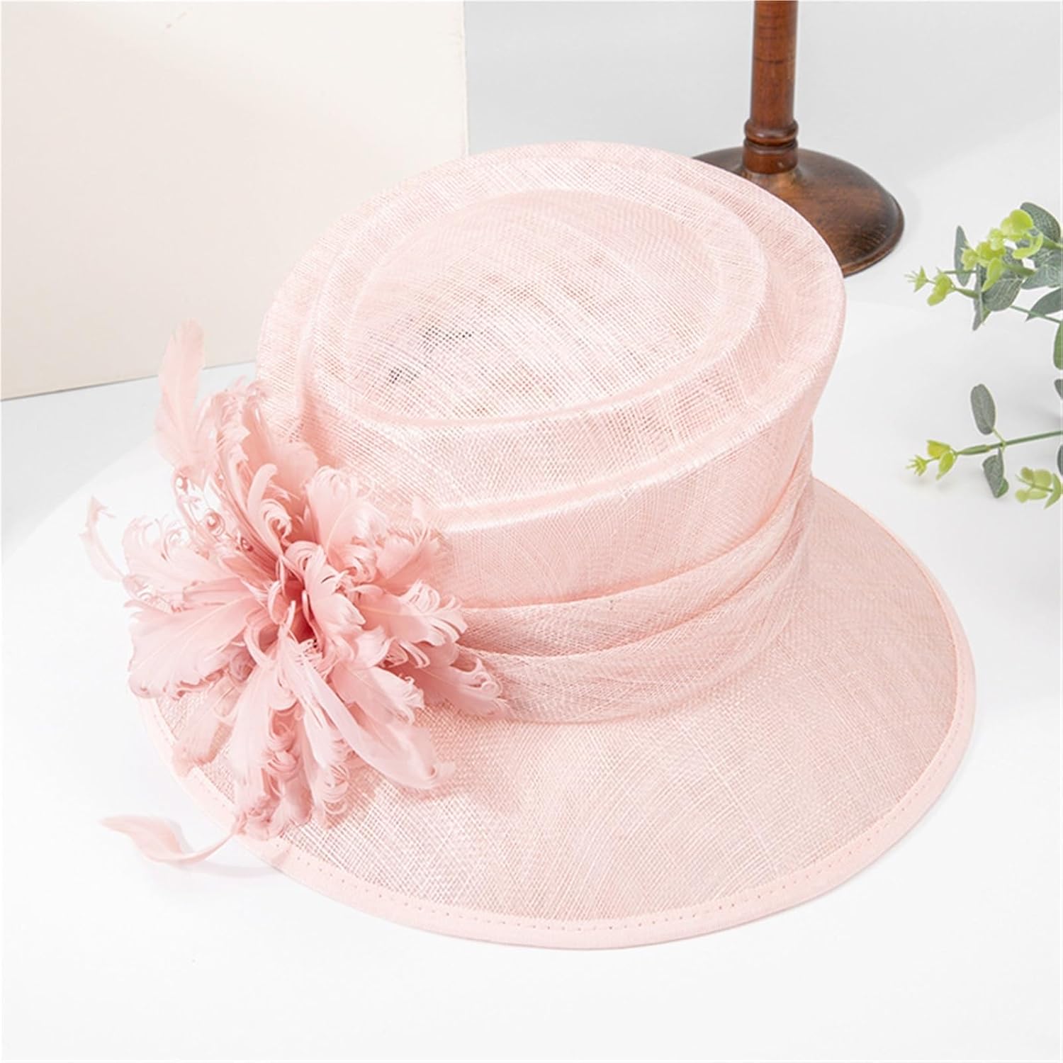 Women's Sun Hats 2026 New Summer Straw Hat Party with Feather Light Pink 58cm