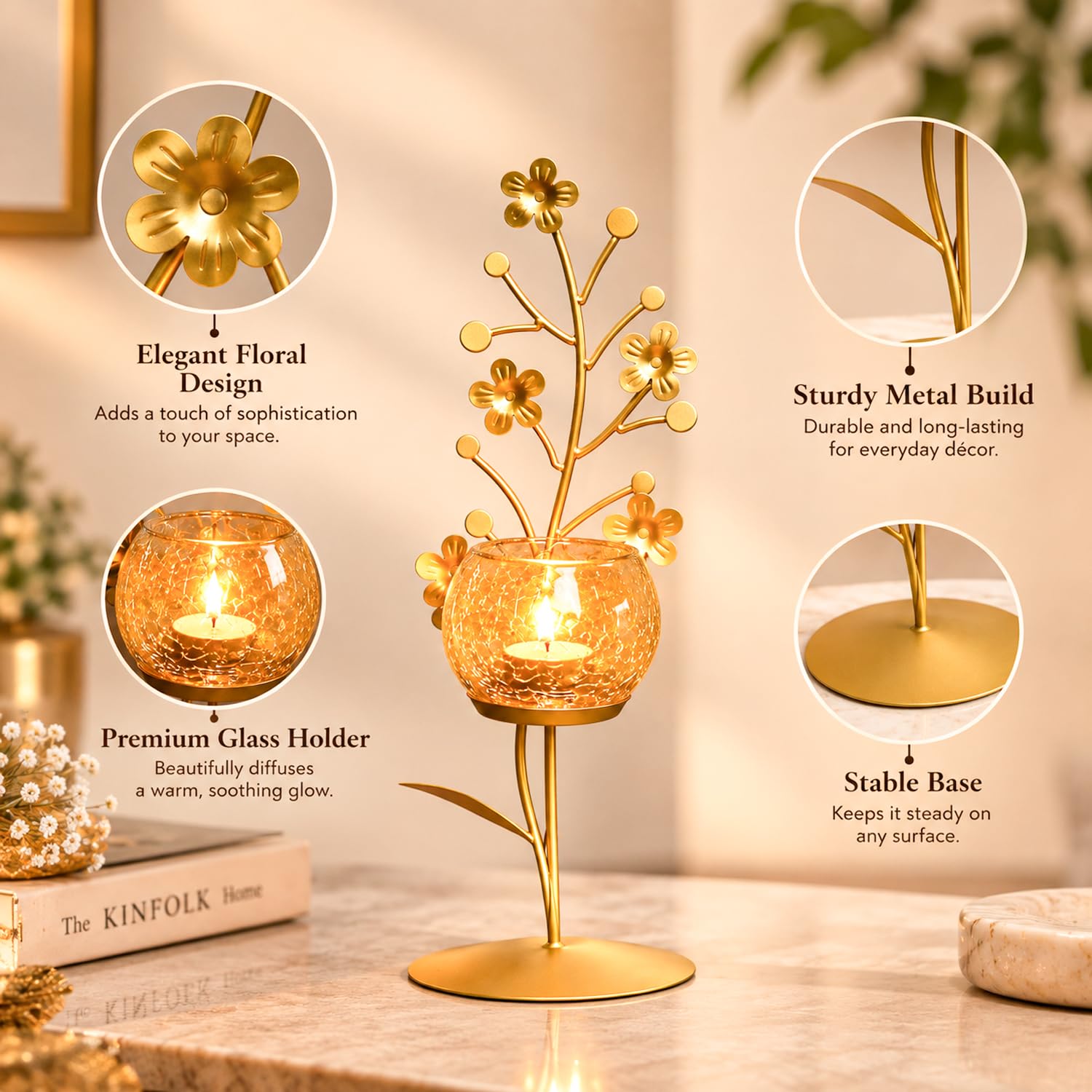 Golden Metal Glass Votive Holder - Elegant Candle Decor -5