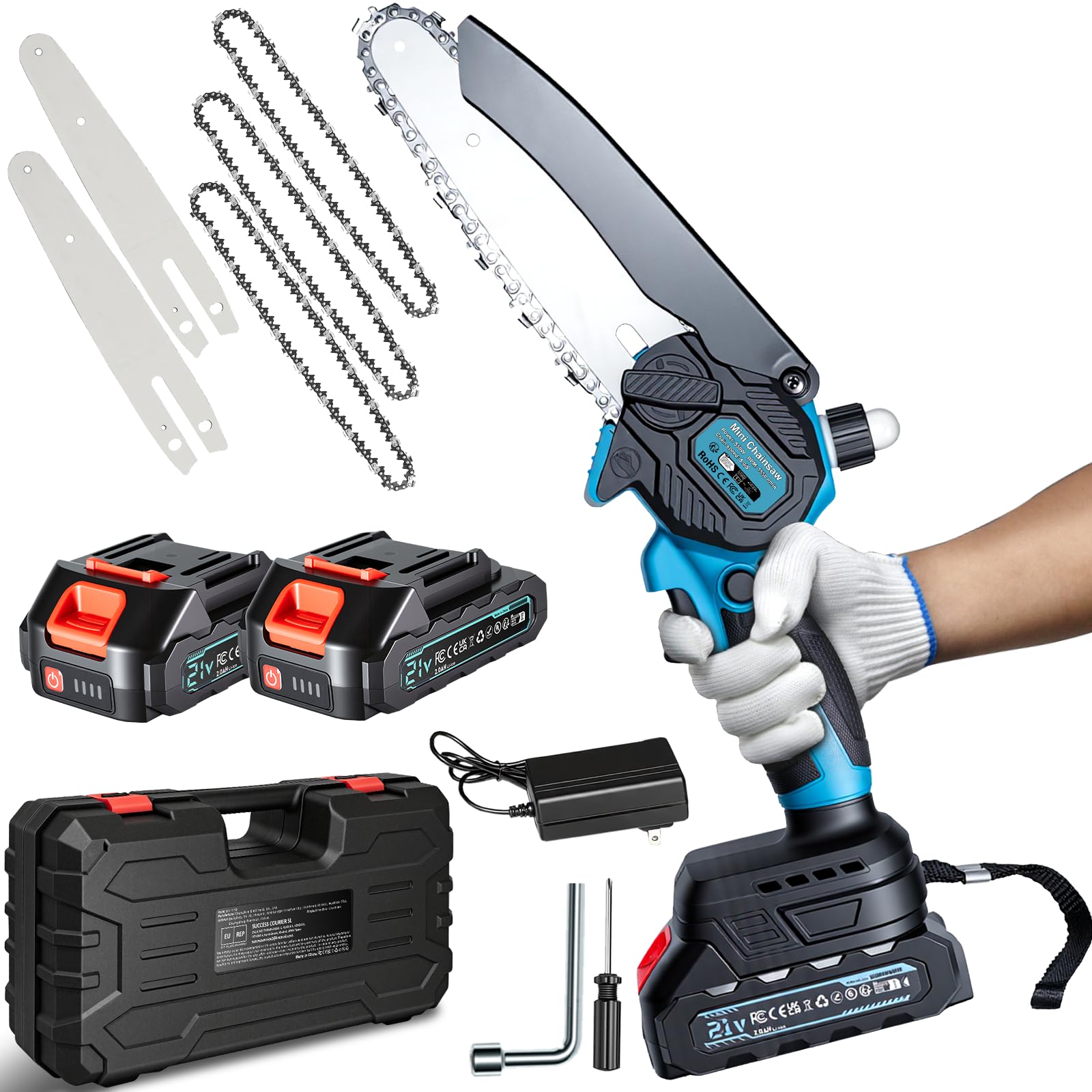 Mini Kettensäge mit Akku 4000mAh, 6 Zoll Akku kettensäge, Elektro kettensäge mit 2 Akku 2000mAh und Automatischer Öler, Handkettensäge Akku für Gartenscheren Astschere Holzschneidenz