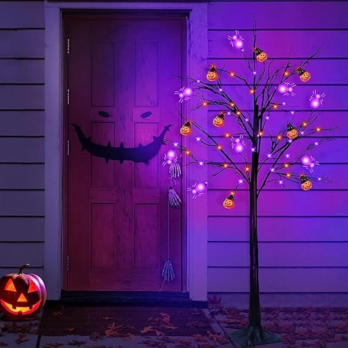 Miniatura 6 de TURNMEON Árbol de Halloween iluminado naranja y morado de 5 pies con temporizador, decoraciones de Halloween, árbol artificial espeluznante para