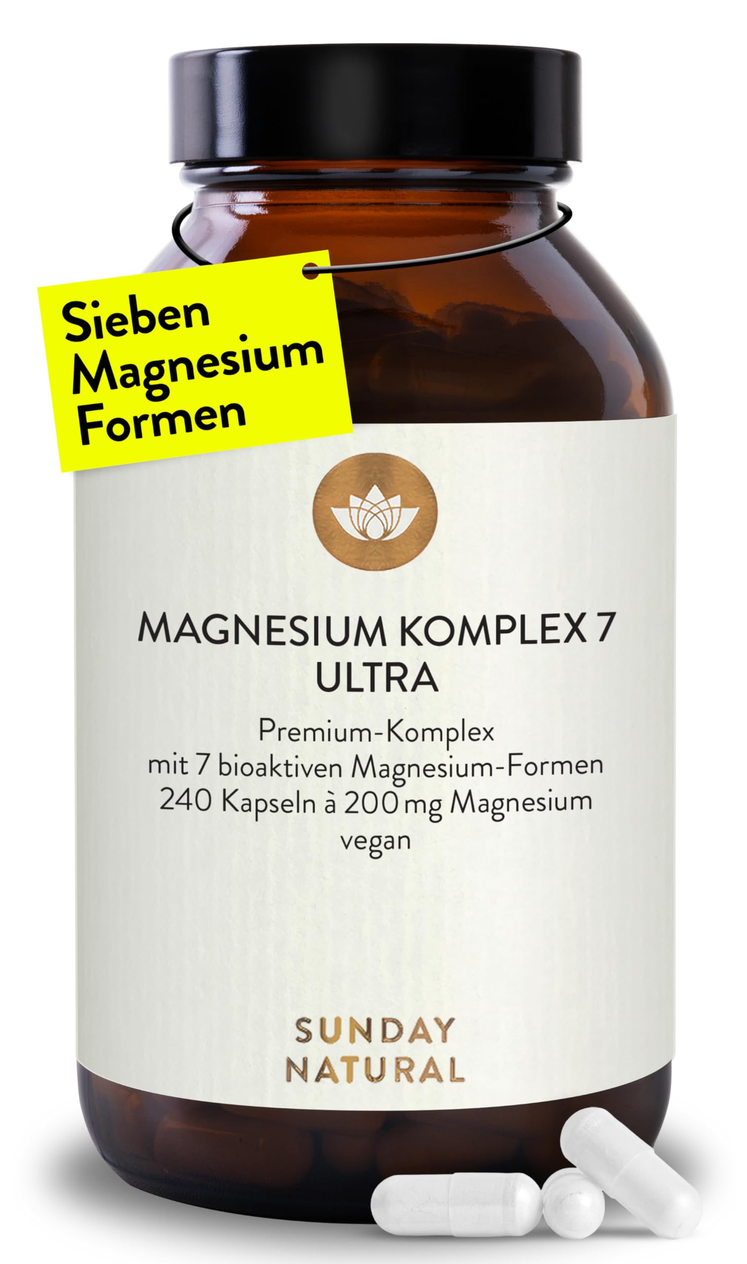 SUNDAY NATURAL® Magnesium Komplex – 240 Kapseln - 400mg pro Tag - aus 7 Verbindungen: Magnesium Bisglycinat Citrat Malat Laktat Ascorbat Oxid Lysinat - Vegan laborgeprüft