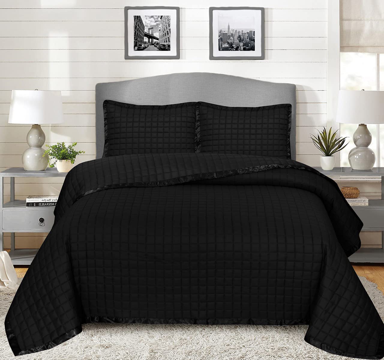 B&B Super Soft Super King Bedspreads for Bedroom Decor - 3 pieces Embossed Quilted Throw with Silk Border - Luxury Super King Size Bedspread Bedding Set with 2 Pillow Shams (Osca Black)