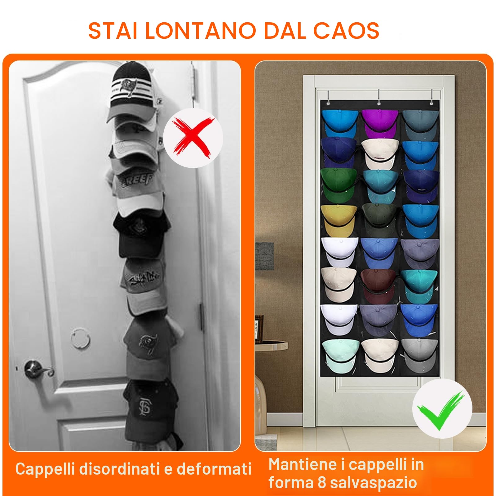 Porta Berretto,Porta Cappelli da Baseball,Portas Cappelli da Armadio con 24 Tasche,Contiene 24 Cappellis,Organizer Cappellis Sulla Portas (Nero)
