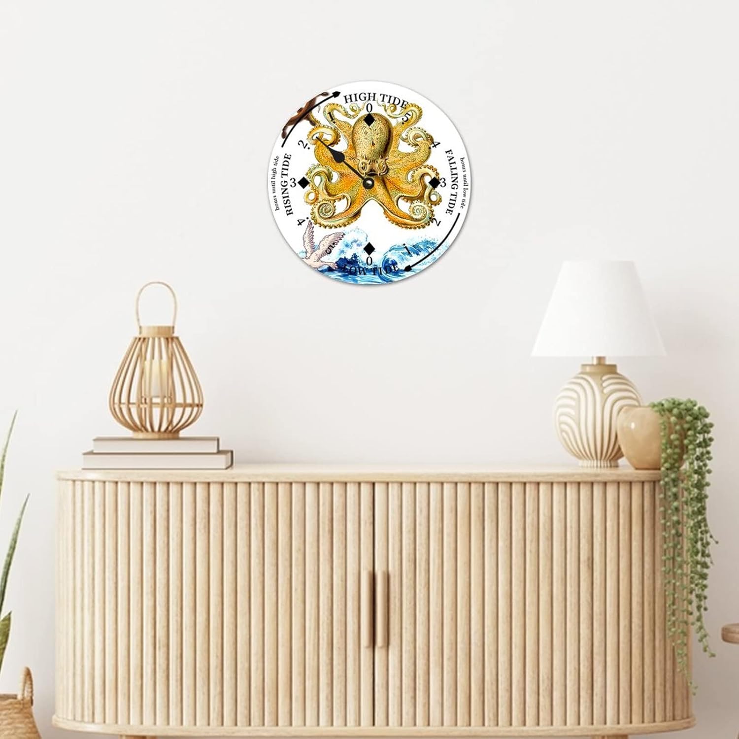 Ocean Octopus Wood Tidal Clock Ocean Time Maritime Coastal Beach High Tide Low Tide Clock Rustic Wooden Nautical Tide Movement Vintage Decor for Beach House Kitchen Wall Art 12x12 in