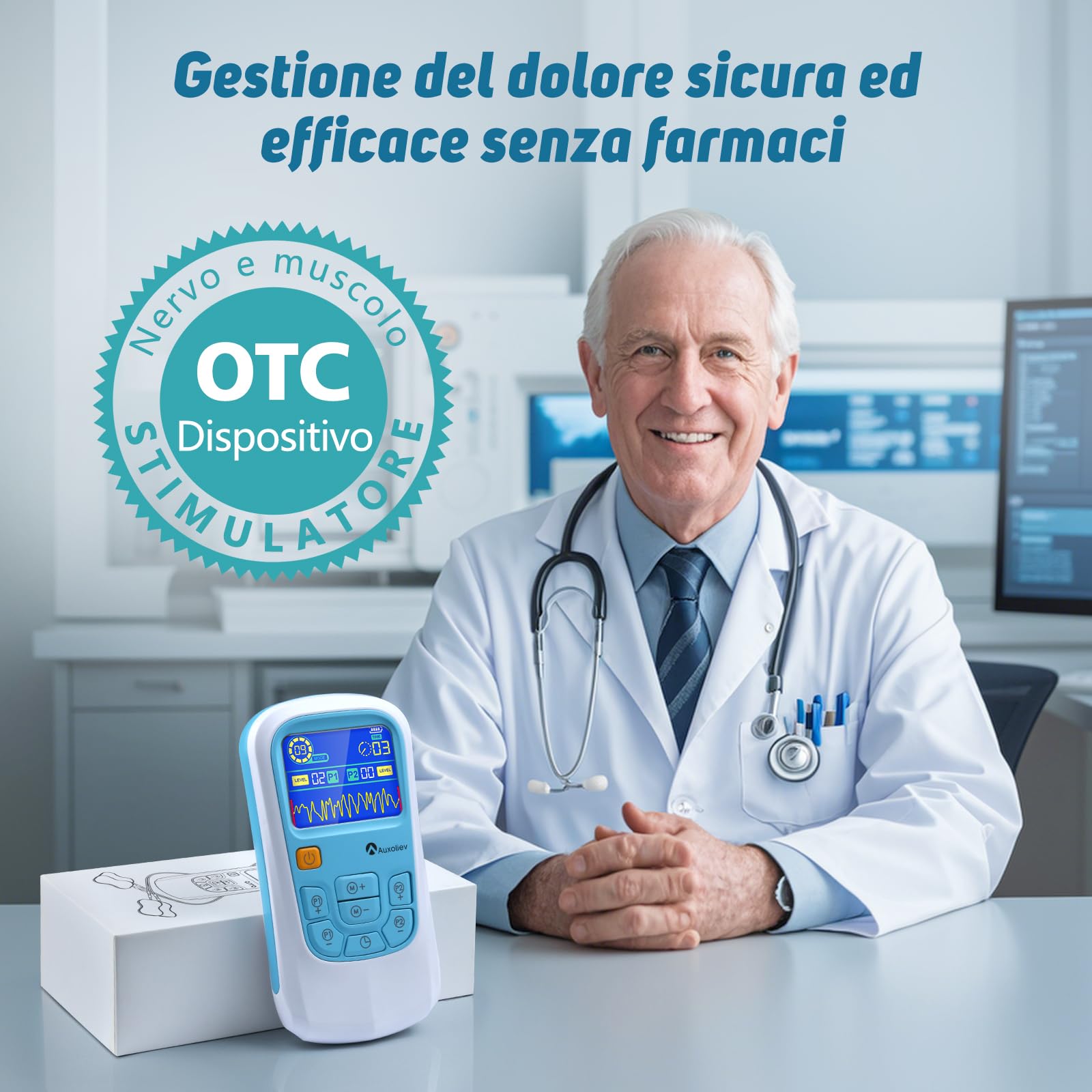 Auxoliev 2012A Elettrostimolatore muscolare, TENS/EMS, 25 modalità per alleviare il dolore e trattare schiena, collo, articolazioni, sciatica e corpo - Blu e bianco