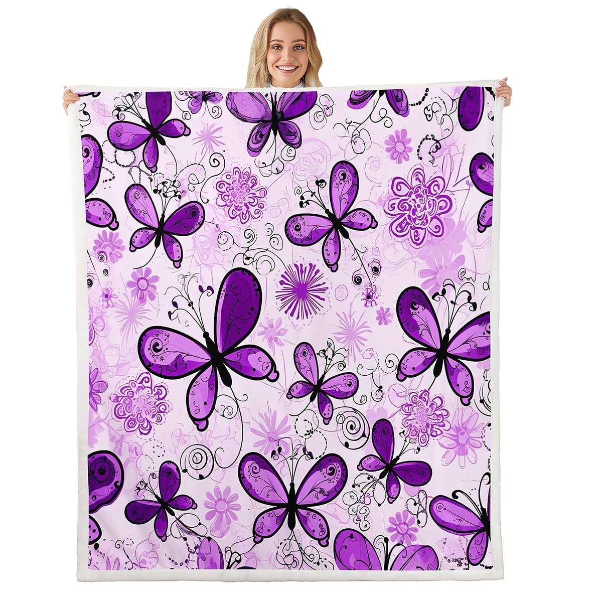 Feelyou Girly Butterfly Plush Throw Blanket Kids Girls Purple Butterflies Print Fleece Blankets Luxury Woman Gifts Sherpa Blanket for Couch Bed Sofa