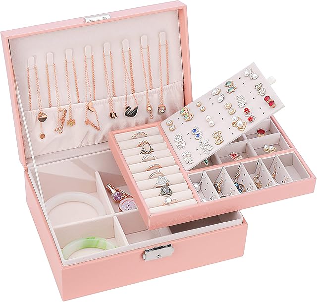Jewellery Box Organiser for Girls Women, Mardiko 2-Layer Lockable Large PU Leather Jewelry Storage Case for Necklaces Rings Earrings Bracelets (Pink)