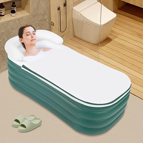 Bañera inflable con bomba de aire eléctrica y soporte para tazas, bañera inflable portátil verde oscuro para interiores o exteriores, baño