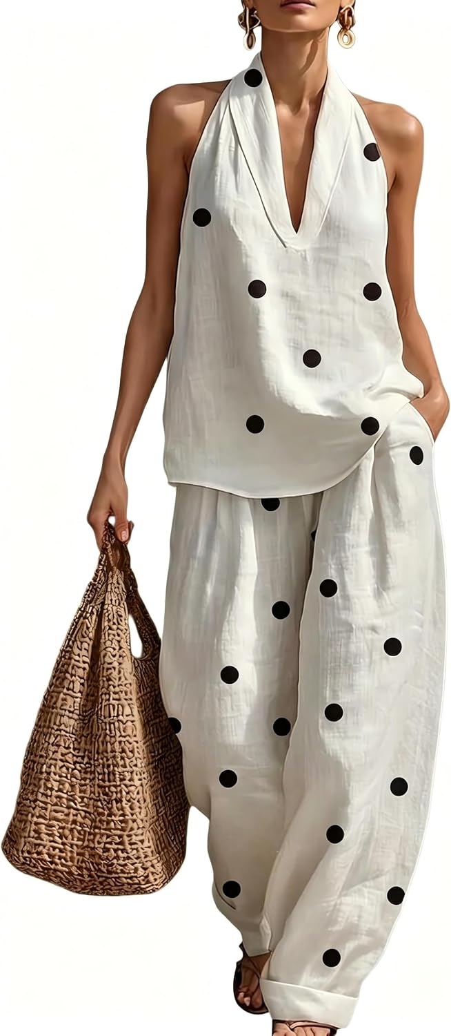 Polka Dot Linen Sets for Women 2 Piece Summer Sleeveless V Neck Halter Top Wide Leg Pants Matching Lounge Set