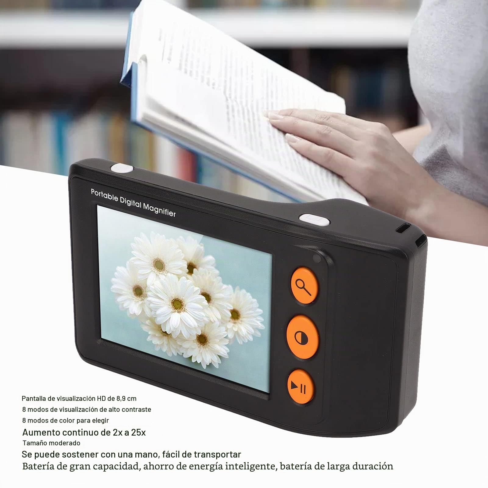 Lupa Electrónica HD Portátil con Pantalla LCD 3.5", Ampliación Digital 2x-25x para Baja Visión, Zoom Ajustable y Lectura de Texto - Ideal para Personas Mayores y Discapacidad Visual (Blanco)