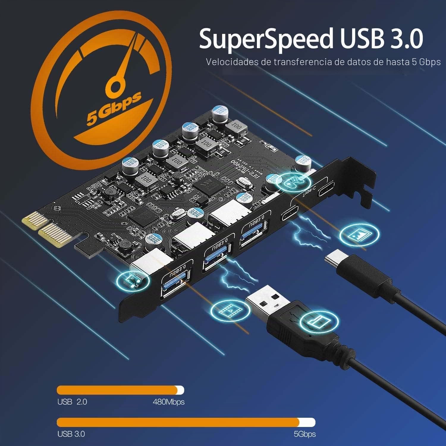 Tarjeta PCIe USB C de 5 Puertos y 25 W de Potencia, Tarjeta de expansión PCI Express USB 3.0 de 5 Gbps (3 Puertos Tipo A y 2 Tipo C), Carga rápida para PC de Escritorio