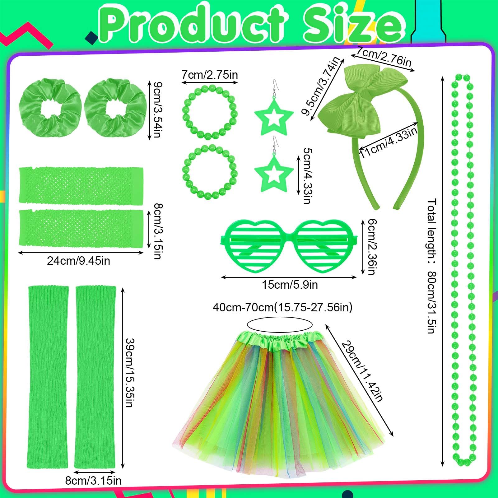 ViEinkaufen 80s Fancy Dress for Girls,90s Kids Neon Fancy Dress Set Kids Tutu Leg Warmers Fishnet Gloves Sunglasses Earrings Necklace Headband Scrunchies Neon Party Accessories - Image 2