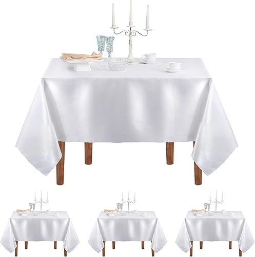 Manyshofu Mantel rectangular largo de satén, 4 piezas, 60 x 84 pulgadas, mantel de satén blanco sedoso, mantel de superposición suave para bodas,