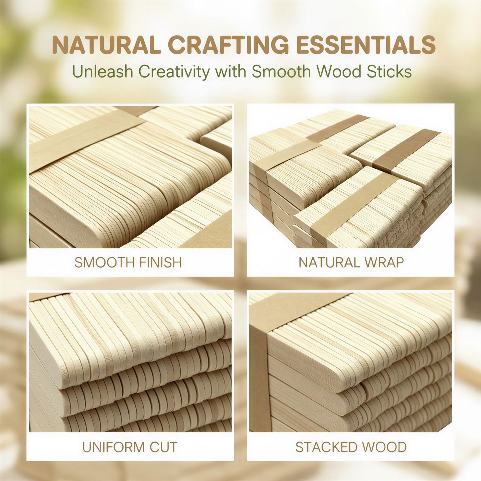 Lot de 1500 bâtons de bricolage en bois, bois brut, 4 tailles 6,5/9,3/11,4/15 cm, bords lisses pour glaces maison, loisirs créatifs, maquettes, projets d'art à domicile et fournitures scolaires