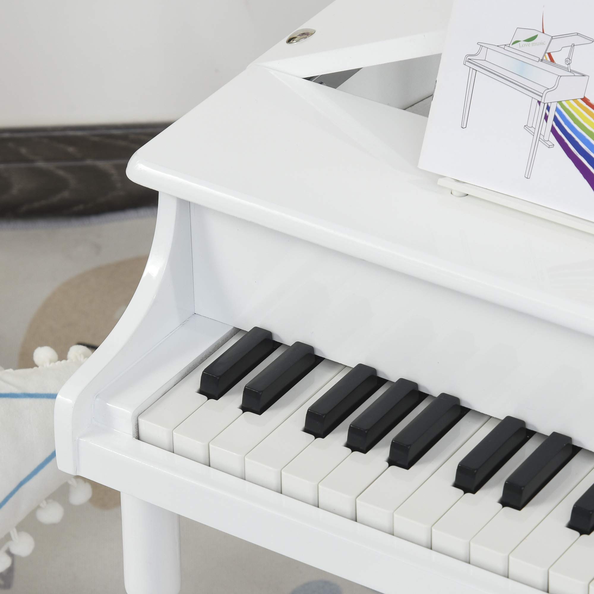 HOMCOM Piano de Cola Infantil con 30 Teclas para Niños 52x50x49 cm Blanco | de MDF, Taburete, Atril de Partituras, Instrumento Musical Didáctico