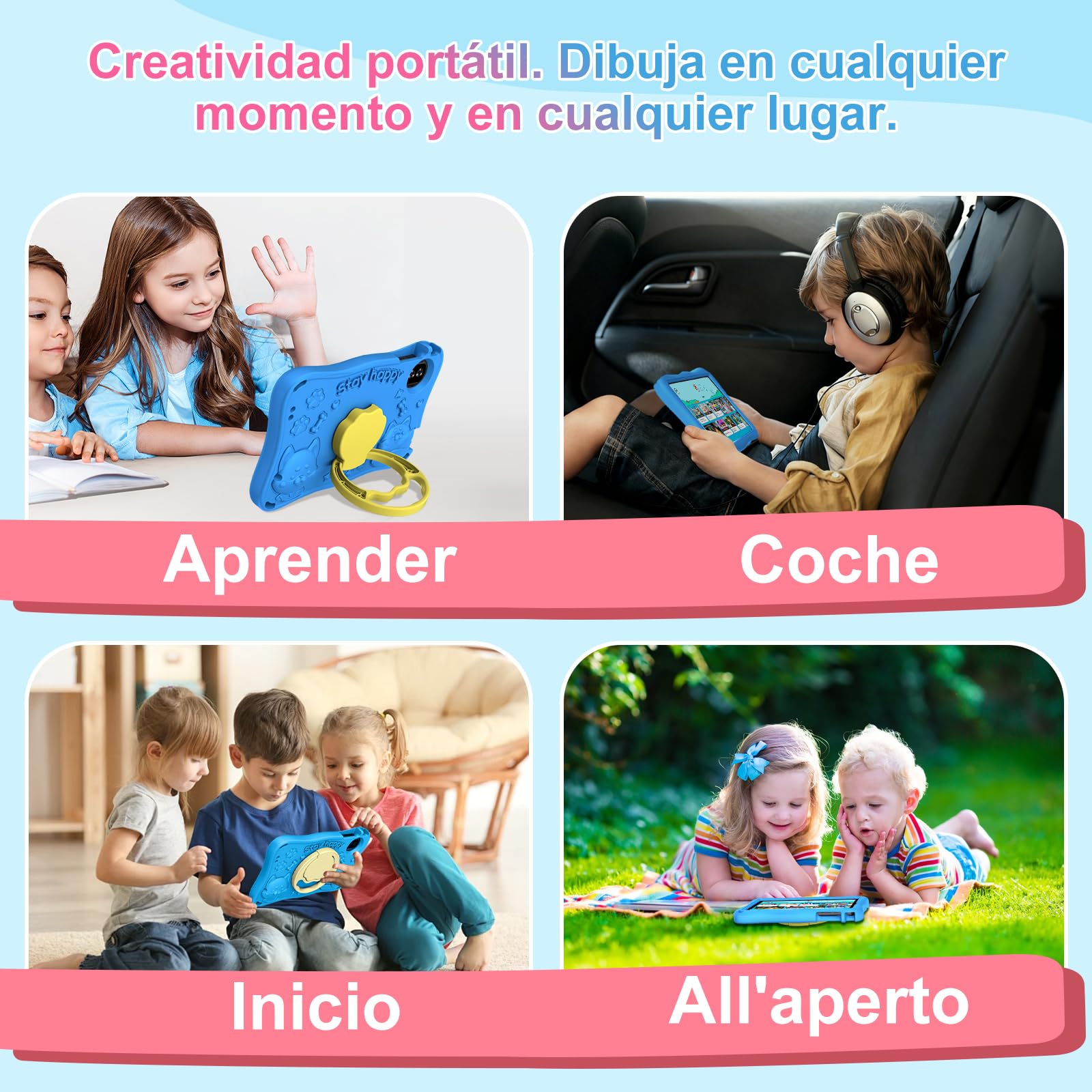 Tablet para niños 9 pulgadas Android 15 12 GB RAM 1 TB TF 5G WiFi Widevine L1 Octa-Core 5000 mAh control parental funda Eva Azul