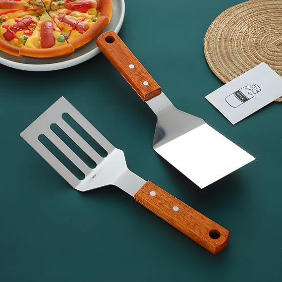 Spatulas for Cooking,Spatula,Stainless Steel Spatula Set, 2 piece Barbecue Cutlery Set, Smooth and Perforated spatulas with Wooden Handles for teppanyaki, Burgers, Steak, Pizza, Baking Tray