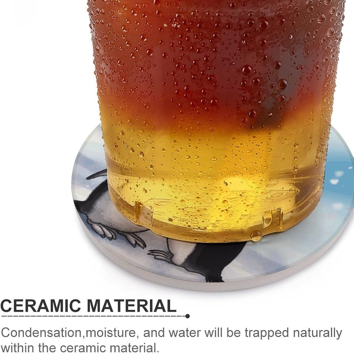 6PCS I Love Penguins Coasters Non-Slip Round Drink Coasters with Ceramic Stone and Cork Base, Heat Resistant Absorbent 33.00Stone Coaster Set for Kinds of Mugs and Cups, 4 Inch