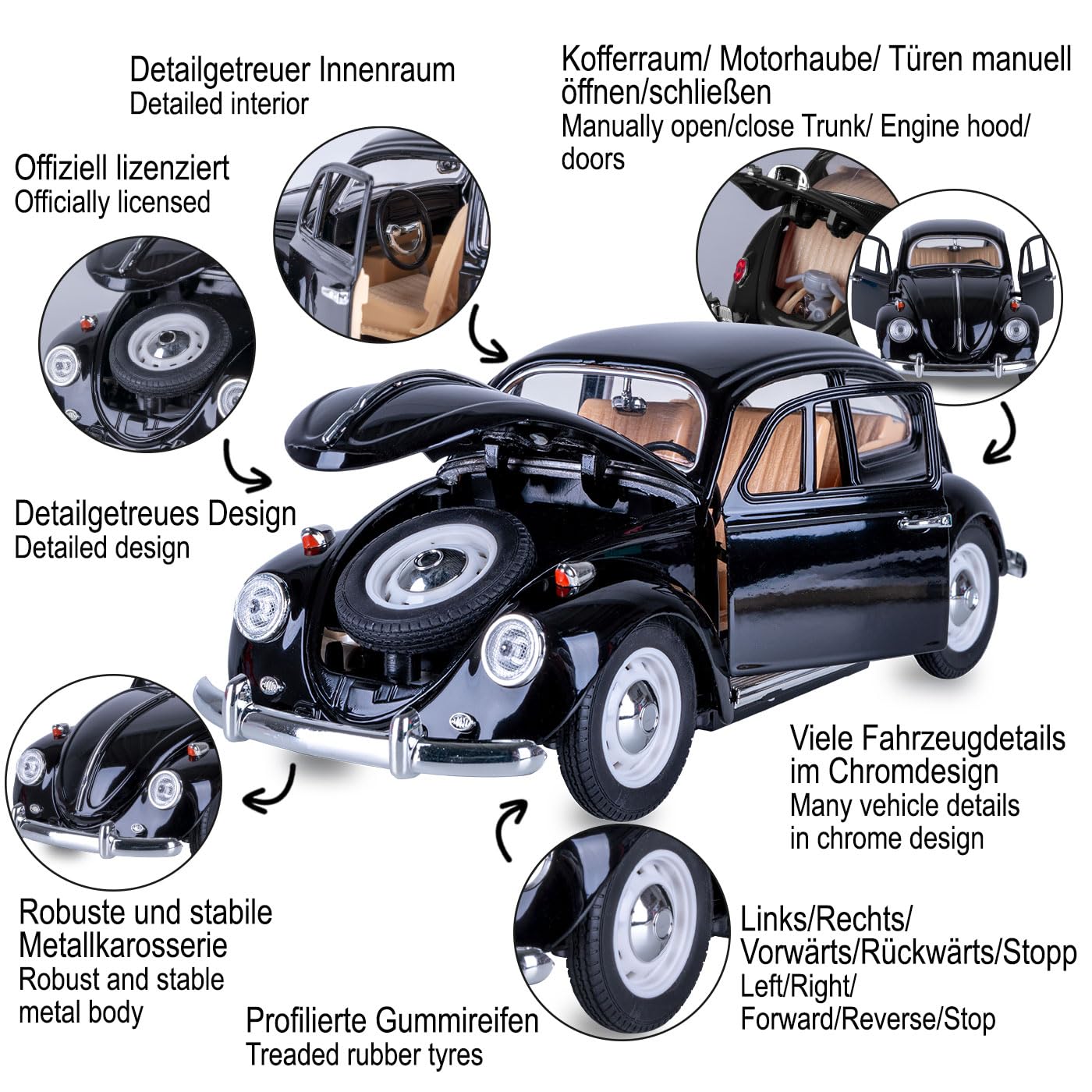 JAMARA 402700 VW Beetle RC Diecast 1:18 czarny model samochodu 27 MHz, zabawka, zdalnie sterowany metalowy model miniaturowy z pilotem zdalnego sterowania, zabawkowy samochód, zabawka, pomysł na