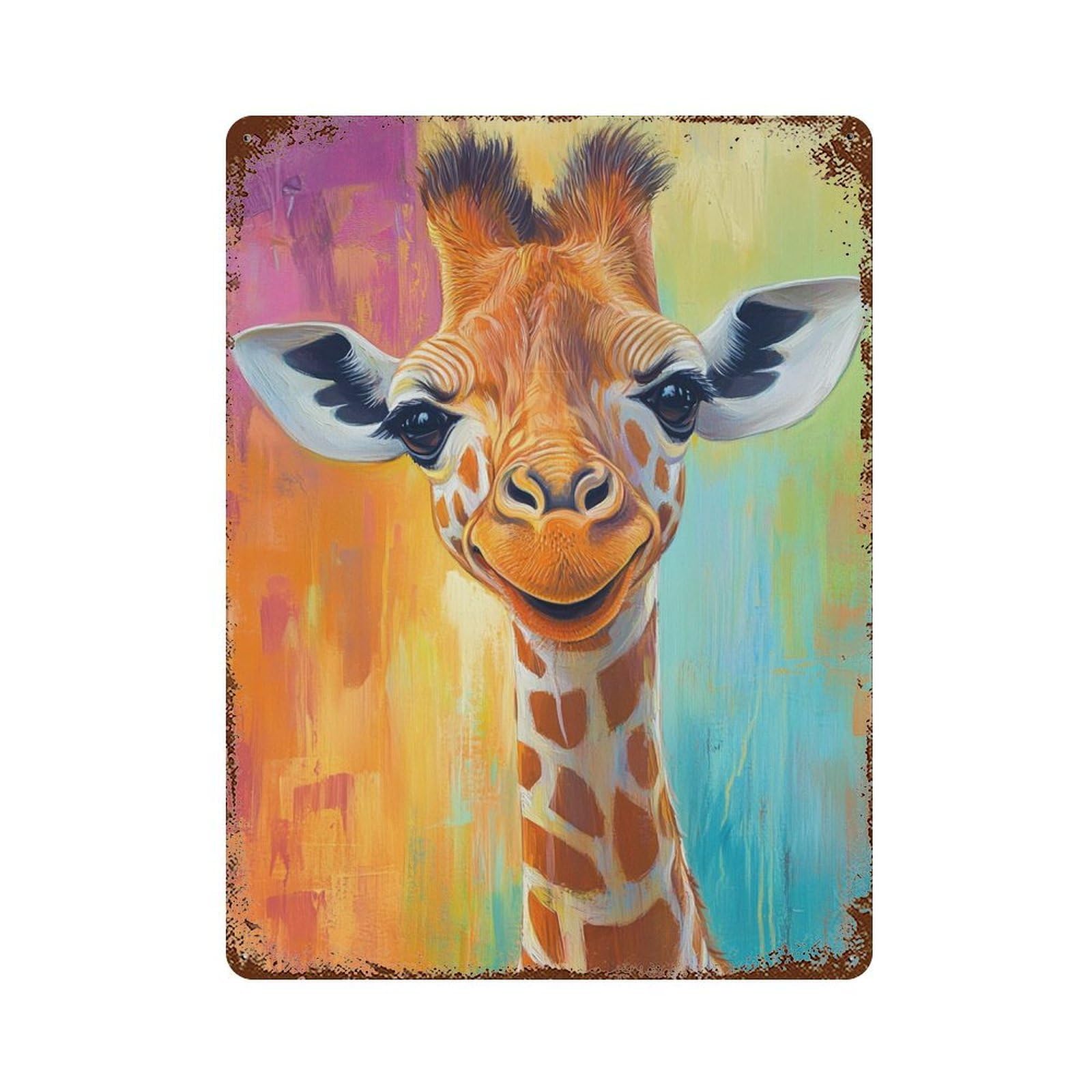 Happy Giraffe Art Print Rusty Metal Tin Sign 15.7"x11.8", Old School Wall Decor for Garage, Pub Or Kitchen