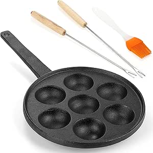 KitchenCraft KCDANPAN Aebleskiver Pan met 7 gaten en Aebleskiver Recept, gietijzer, 20,5 cm, zwart