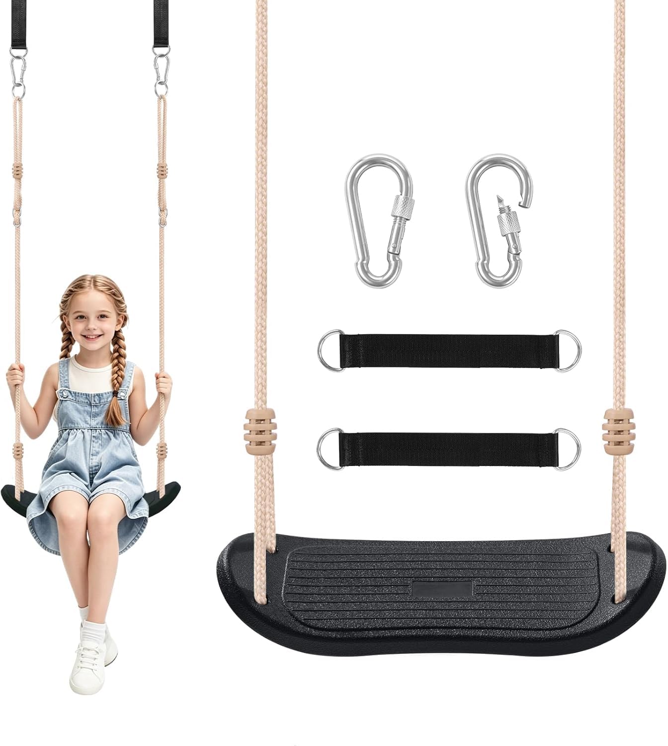 Altalena resistente alle intemperie per bambini, 119,7 kg | Sedile in plastica PE, include 2 cinghie per appendere e 2 moschettoni per parco giochi all'aperto in cortile, nero