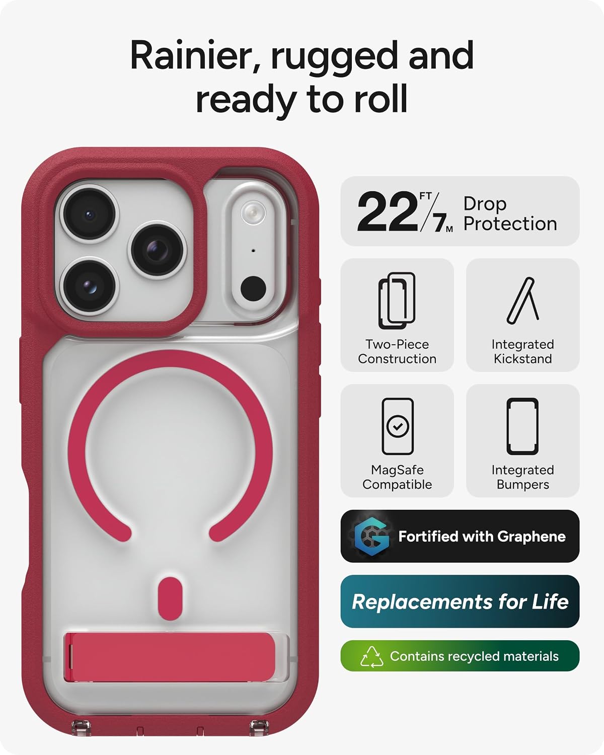 ZAGG Rainier Case with Kickstand for iPhone 17 Pro - Red Black Cherry, Graphene 22ft (7m) Drop Protection, Lanyard Attach Points, MagSafe, Wireless Charging Compatible, 2-Piece Design, Phone Case