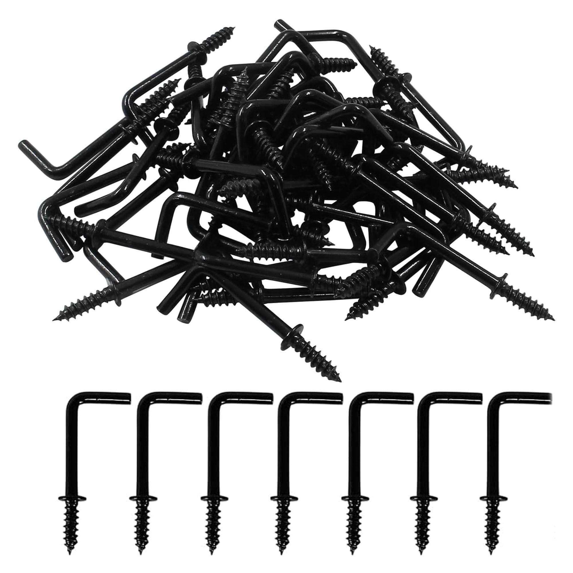 Alloygold 100pcs L-Shaped Hook 7/8 Inch Screw in Ceiling Hooks L Shape Dresser Cup Hooks 7 Shape Right Angle Screws Black Metal Frame Square Bend Hook